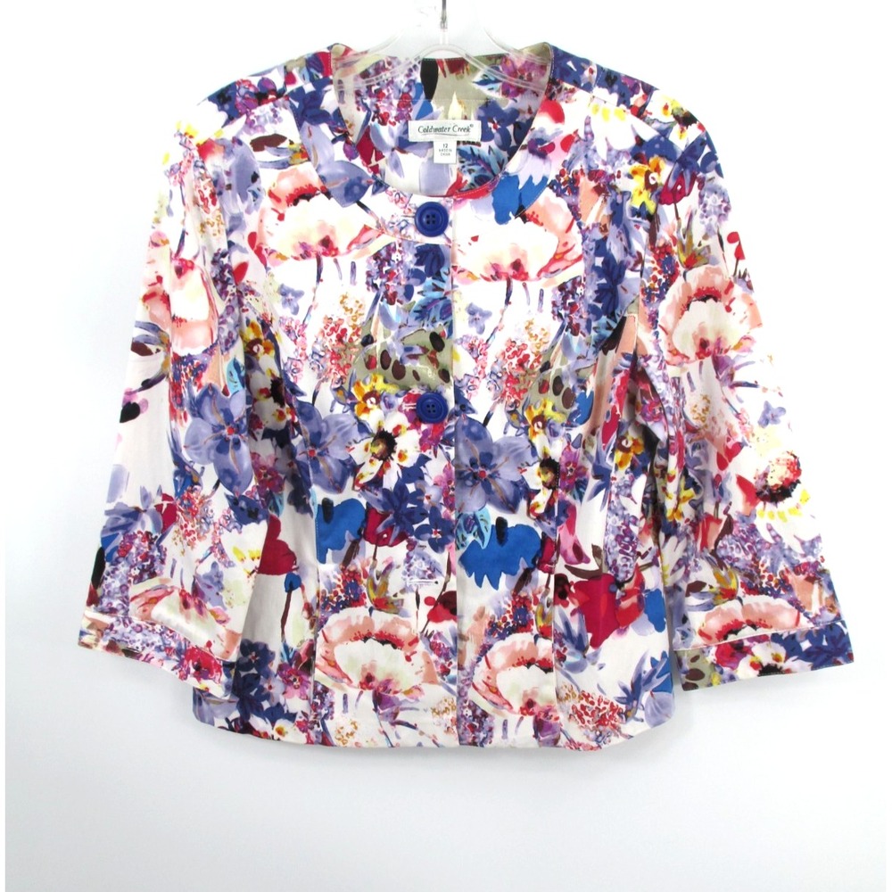 Coldwater Creek Watercolor Floral Blazer Womens 12 Multicolor 1/2 Sleeve Artsy